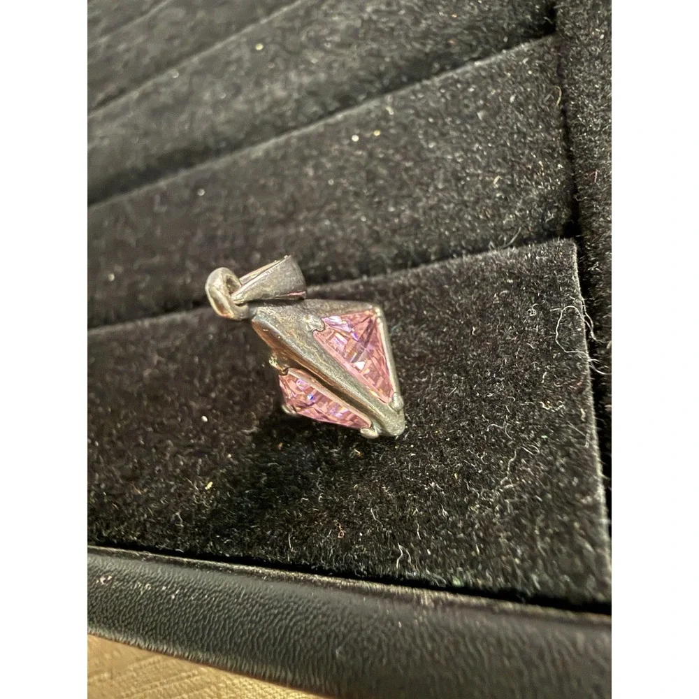 925 Marked HAN Triangle Pendant Pink Stone 3D Sterling Silver